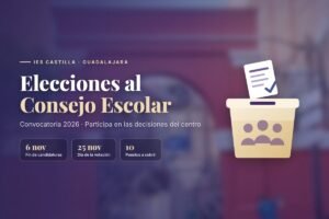 Puerta de entrada del IES Castilla desenfocada, con el texto Elecciones al Consejo Escolar 2026